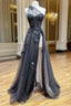A-Line One Shoulder Tulle Black Long Evening Prom Dress, Black Evening Dress