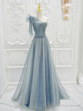 A-Line One Shoulder Tulle Sequin Gray Blue Long Prom Dress, Sequin Long Formal Dress