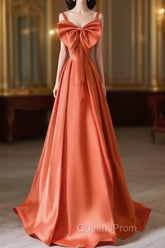 A-Line Orange Satin Long Evening Prom Dress, Orange Long Evening Dress