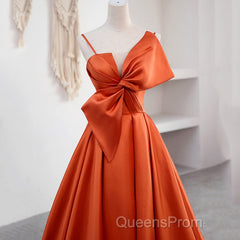 A Line Orange Satin Evening Prom Dress Sweet Bow Birthday Party Dress