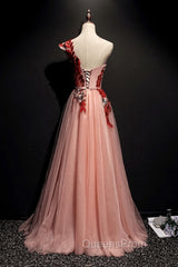 A Line Pink One Shoulder Tulle Red Applique Long Evening Prom Dress Evening Dress