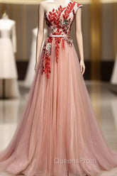 A Line Pink One Shoulder Tulle Red Applique Long Evening Prom Dress Evening Dress