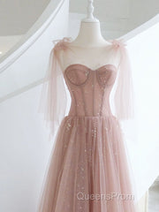 A-Line Pink Round Neck Tulle Long Evening Prom Dress, Pink Formal Evening Dress
