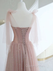 A-Line Pink Round Neck Tulle Long Evening Prom Dress, Pink Formal Evening Dress