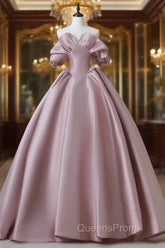 A-Line Pink Satin Long Evening Prom Dress, Pink Long Evening Dress