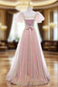 A-line Pink Sequins Puff Sleeve Evening Prom Dress
