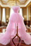 A-line Pink Spaghetti Straps Tulle Backless Wedding Dress