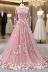 A-Line Pink Tulle Appliques Sequins Long Sleeve Evening Prom Dress