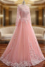 A-Line Pink Tulle Lace Appliques Long Sleeve Evening Prom Dress