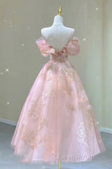 A Line Pink Tulle Lace Off The Shoulder Evening Prom Dress, Formal Evening Dress