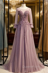 A-line Pink Tulle Long Sleeve Backless Beading Evening Prom Dress