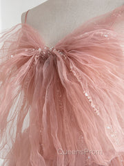 A-Line Pink Tulle Sequin Long Evening Prom Dress, Pink Evening Dress