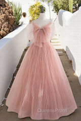 A-Line Pink Tulle Sequin Long Evening Prom Dress, Pink Evening Dress