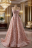 A-line Pink Tulle Sequins Spaghetti Straps Evening Prom Dress