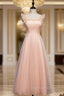 A-Line Pink Tulle Straps Ankle Length Evening Prom Dress