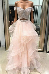 A-Line Pink Tulle Two Piece Off the Shoulder Long Evening Prom Dress