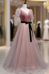 A-Line Pink Tulle Velvet Long Evening Prom Dress, Pink Evening Dress