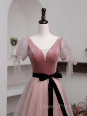 A-Line Pink Tulle Velvet Long Evening Prom Dress, Pink Evening Dress