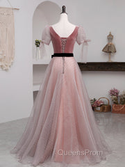 A-Line Pink Tulle Velvet Long Evening Prom Dress, Pink Evening Dress