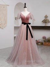 A-Line Pink Tulle Velvet Long Evening Prom Dress, Pink Evening Dress