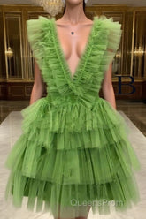 A Line Pink V Neck Tiered Homecoming Dress,Tulle Short Evening Prom Party Dress