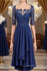A-Line/Princess Bateau Tea-Length Chiffon Mother of the Bride Dress With Appliques Lace