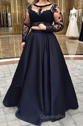 A-Line/Princess Full/Long Sleeve Bateau Long/Floor-Length Satin Evening Prom Dress With Appliqued