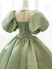 A-Line Princess Green Satin Puffy Sleeves Long Formal Dress Satin Evening Prom Dress Party Dress