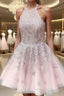 A-Line/Princess Halter Short/Mini Tulle Homecoming Dress With Appliques Lace