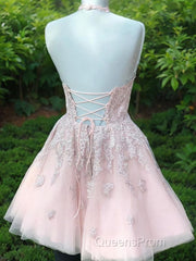 A-Line/Princess Halter Short/Mini Tulle Homecoming Dress With Appliques Lace