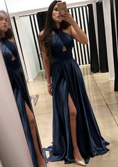 A-line/Princess Halter Sleeveless Sweep Train Charmeuse Prom Dresses With Split