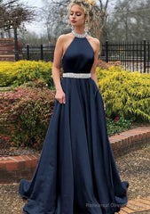 A-line/Princess High-Neck Sleeveless Sweep Train Satin Prom Dresses With Waistband Beading