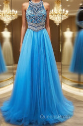 A-Line/Princess Jewel Sweep Train Tulle Evening Dress With Beading