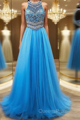 A-Line/Princess Jewel Sweep Train Tulle Evening Dress With Beading