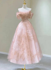 A-Line Princess Lovely Pink Tea Length Straps Tulle Formal Dress Evening Prom Dress
