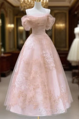 A-Line Princess Lovely Pink Tea Length Straps Tulle Formal Dress Evening Prom Dress