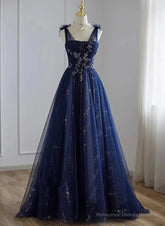 A-Line Princess Navy Blue Tulle Beaded V-neckline Party Dress Shiny Tulle Prom Dress