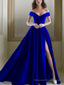 A-Line/Princess Off-the-Shoulder Floor-Length Satin Prom Dresses With Leg Slit