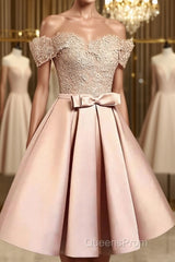 A-Line/Princess Off-the-Shoulder Short/Mini Satin Homecoming Dress With Bow