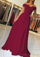 A-line/Princess Off-the-Shoulder Short Sleeve Sweep Train Chiffon Prom Dresses With Beading Appliqued