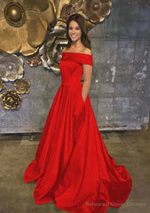 A-line/Princess Off-the-Shoulder Sleeveless Sweep Train Satin Prom Dresses With Low Back