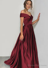 A-line/Princess Off-the-Shoulder Sleeveless Sweep Train Satin Prom Dresses With Pleated