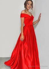 A-line/Princess Off-the-Shoulder Sleeveless Sweep Train Satin Prom Dresses With Pleated