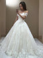 A-Line/Princess Off-the-Shoulder Sweep Train Tulle Wedding Dresses With Appliques Lace