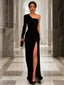 A-Line/Princess One-Shoulder Sweep Train Jersey Prom Dresses With Leg Slit