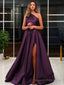 A-Line/Princess One-Shoulder Sweep Train Satin Prom Dresses With Leg Slit