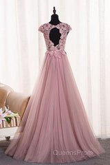 A-Line/Princess Sash Tulle Floor-Length Lace Evening Prom Dress