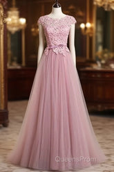 A-Line/Princess Sash Tulle Floor-Length Lace Evening Prom Dress