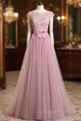 A-Line/Princess Sash Tulle Floor-Length Lace Evening Prom Dress