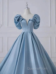 A-Line Princess Satin Blue Long Evening Prom Dress Quinceanera Dress Elegant Evening Dress